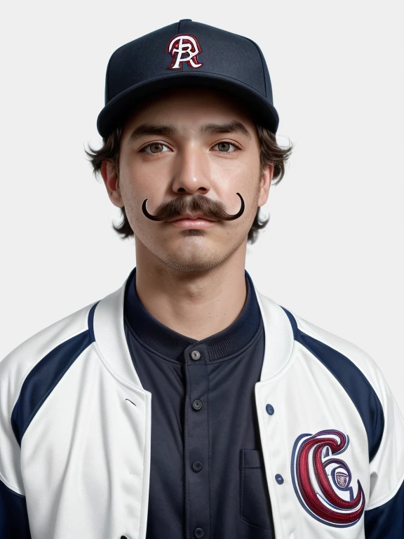 The man with mustache, baseball jacket,baseball shirt,white background