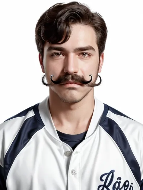 the man with mustache, baseball jacket,baseball shirt,white background