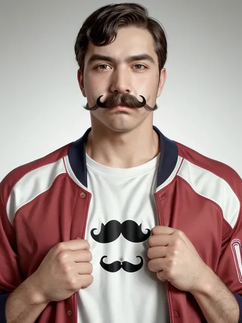 The man with mustache, baseball jacket,baseball shirt,punch the viewer