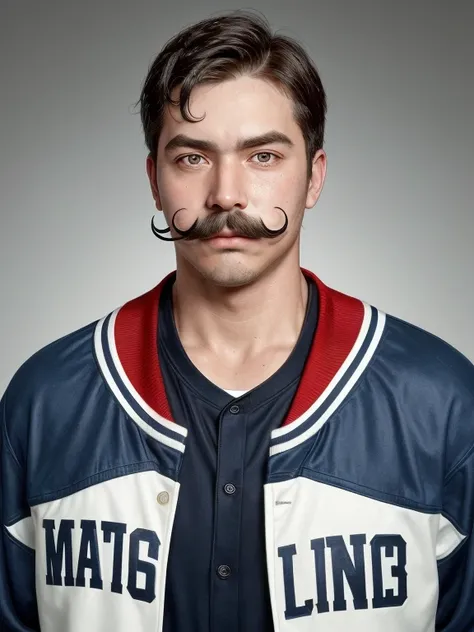 The man with mustache, baseball jacket,baseball shirt,punch the viewer