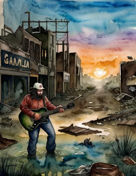 A black metal guy playing guitar on the last day on earth , Post apocalyptic destroyed city background (多彩Watercolor ), ((A new dawn), Stephen Gamell&#39;s style, Watercolor, black and white, swamp, Dark Creatures, Dripping, Infected