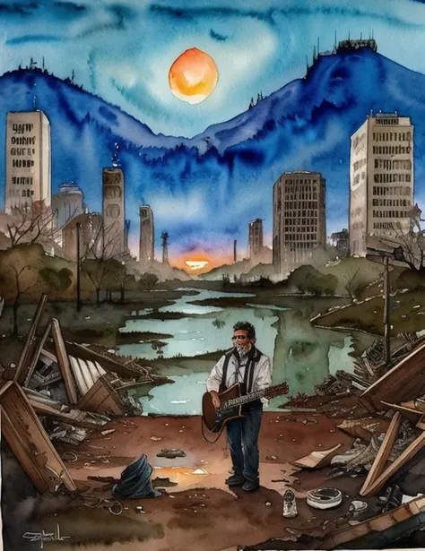 A black metal guy playing guitar on the last day on earth , Post apocalyptic destroyed city background (多彩Watercolor ), ((A new dawn), Stephen Gamell&#39;s style, Watercolor, black and white, swamp, Dark Creatures, Dripping, Infected