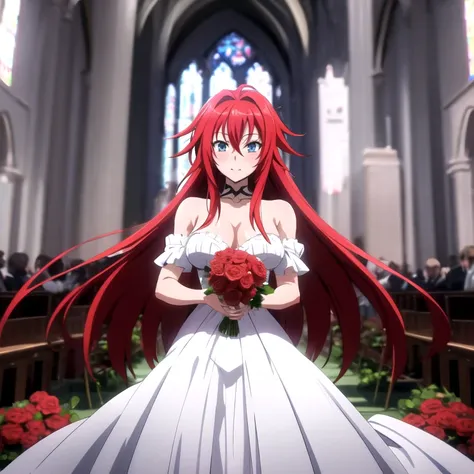 rias gremory con traje de bodas blanco, en una iglesia con un ramo de rosas rojas