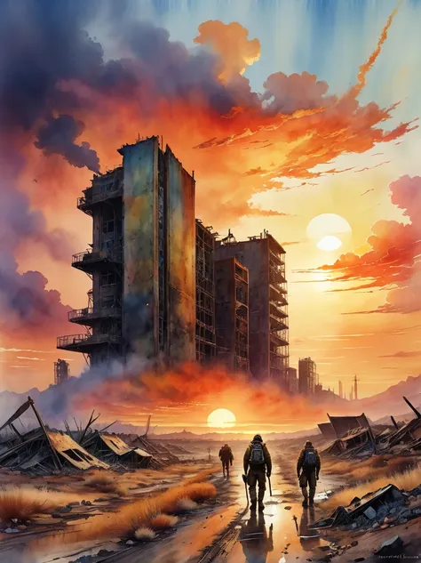 new dawn apocalyptic sunset watercolor painting, wasteland，the post-nuclear world，detailed, practical, 8k ultra hd, high quality