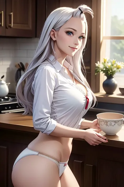 (best quality,4k,8k,highres,masterpiece:1.2),ultra-detailed,realistic,photorealistic:1.37,  Mirajane Strauss with a beautiful smile wearing a long white shirt and panties, preparing her breakfast 