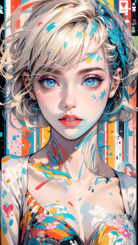 (masterpiece, High resolution, highest quality), Pop art style digital artwork, 20-year-old woman, Avant-garde makeup, short hair, Structure from head to thighs:1.3, Focus on the upper body, mixed-media approach, Anime Style, Simple lines, Digital Painting...