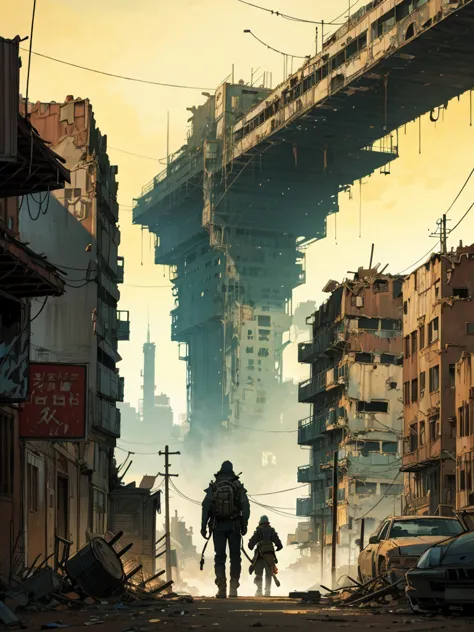 arafid man walks with his dog in a destroyed city，in post-apocalyptic cities，in the post-apocalyptic wasteland，in a post apocaly...