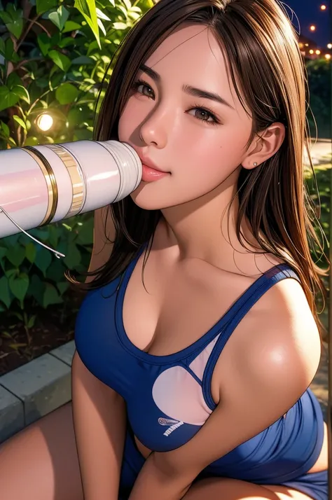 (nsfw),masterpiece,ultra detailed,sharp focus,high resolution,brown hair,(tareme,round face),female,smile,pov,tank top,,sitting in bush at public park,night,night sky,night light,from above,gigantic breasts,sucking a penis,blowjob,face focus