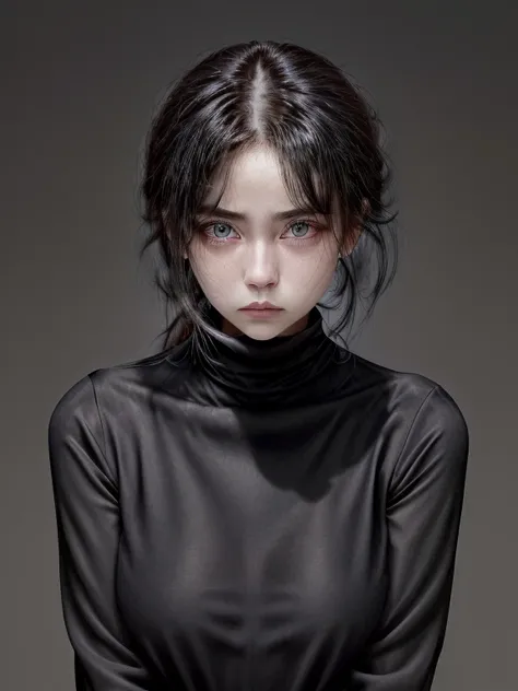 1women,medium chest,black dress,turtle neck,looking viewer,shy expression