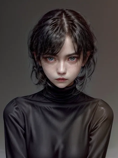 1women,medium chest,black dress,turtle neck,looking viewer,shy expression