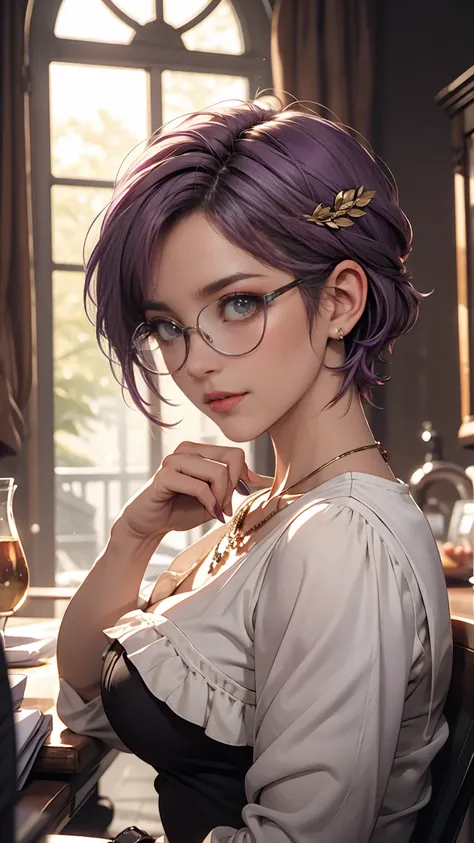 One girl, Mature Woman, masterpiece, spouse, goddess,short hair ,((Purple Hair)),Glasses
