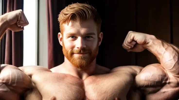 (perfect man:1.5), ginger, slight beard, hairy, vascular, realistic, flexing and showing off biceps, muscle god, flirting, soft smile, (extremely muscular:1.8), high definition body, sharp focus on body and face