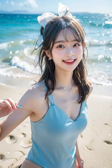 Girl in swimsuit on the beach, silver hair, hairpin, one eye closed, one eye closed, aqua eyes, heart earrings, smile, hair bow, tongue out, Futurism, depth of field, motion blur, UHD