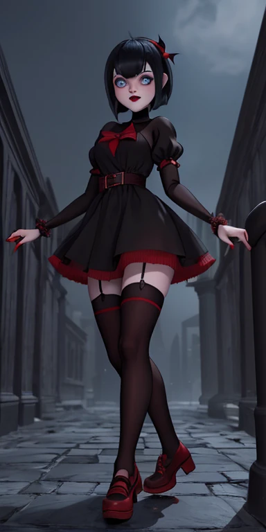 mavis dracula vampire cute girl, blue eyes ,short hair whit bangs, style bob, makeup gothic red lipstick, full body portrait drees black, black dress with sleeves, fitted to the body, thigh-high stockings with red stripes and red vans tennis shoes, Cinemat...