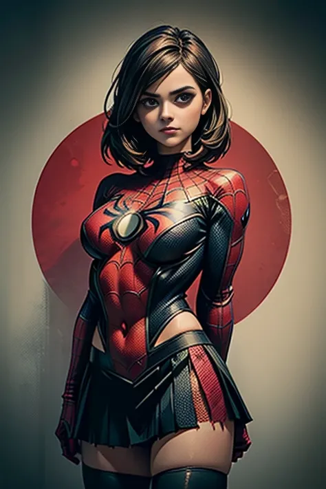 jenna louise coleman、stick out the navel、new york、She&#39;s wearing a torn Spider-Man suit,Wearing a skirt、 Red and black color scheme,dynamic、masterpiece、highest quality、Ultra-detailed、Very detailed、Beautiful sparkle in the details、超A high resolution