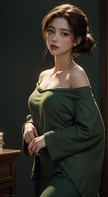 Best Quality, Masterpiece, Ultra High Resolution, (Realisticity: 1.4), Original Photo, 1girl, green Off-the-Shoulder, Cinematic Lighting