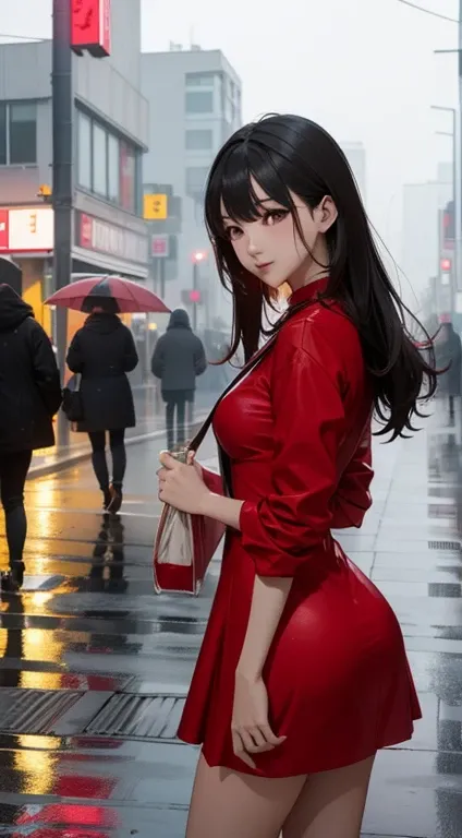 Beauty Korean idol wearing a Red Mini-Dress in a street,rain and fog outside