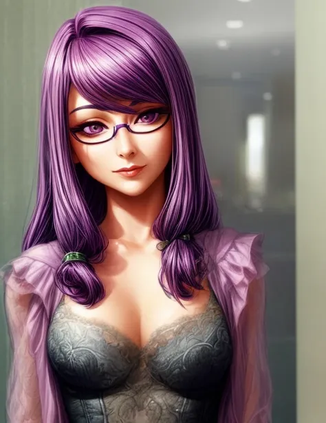 a close up of a woman with glasses and a purple hair,