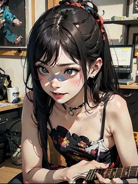 （Browsing Caution）((Hardcore Punk Girl))、((British punk rock girl)), ((Circus)), ((play the guitar)),Manga style, Horror elements, Comic style illustration, (drawing style), Japanese painting, whole body (spooky), Japan sculpture, primitive art, Circus, cr...