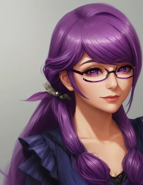 a close up of a woman with glasses and a purple hair,