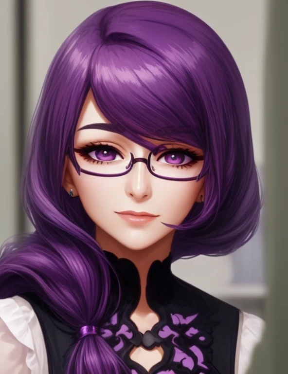 a close up of a woman with glasses and a purple hair,