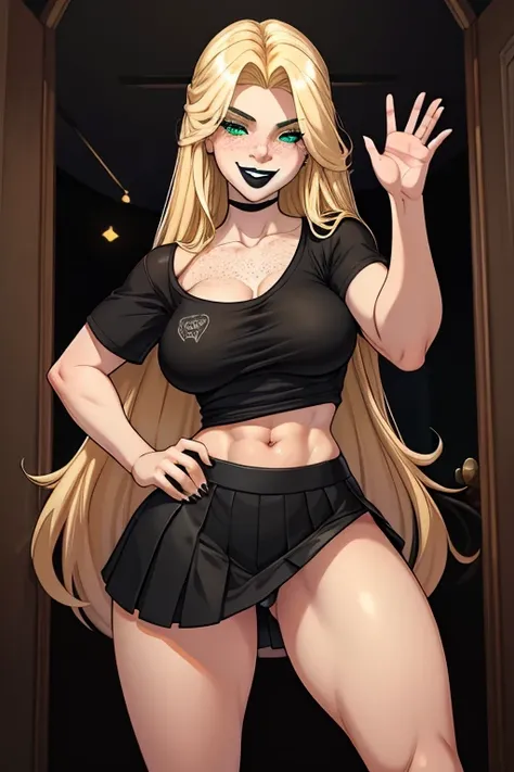 18 year old white woman wearing a t shirt and a skirt to a night party greeting you , long wild blonde hair , black lips , wearing black eye liner, green eyes , perfect shaped ass,  medium perky tits,  fit body with a 6 pack , freckles , seductive smile 