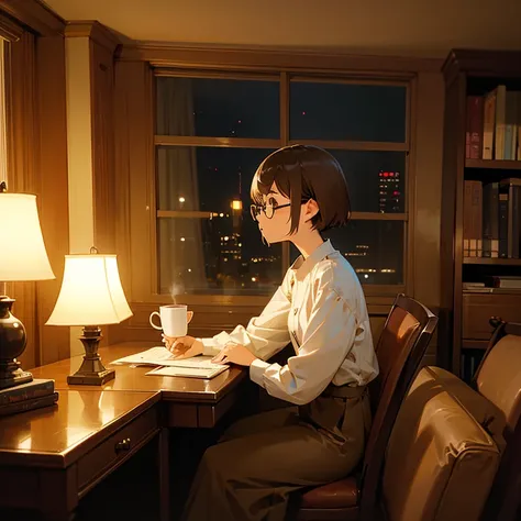 Coffee cup、night、Inside the room、Girl drinking coffee at desk、short hair、bronze、Glasses、Sit on a chair、Looking out the window、Table lamp、Book