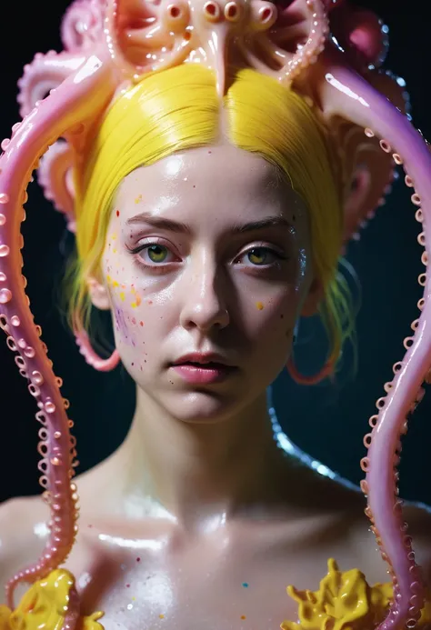 8K, ARTISTIC photogrAphy, best quAlity, mAsterpiece: 1.2), A (potrAit:1.2)  witch BLOOD Toon Doll Cthulhu nun QUEEN, PINK many octopus style tentacles, full body RAW candid cinema, yellow hair, 16mm, color graded portra 400 film, remarkable color, ultra re...