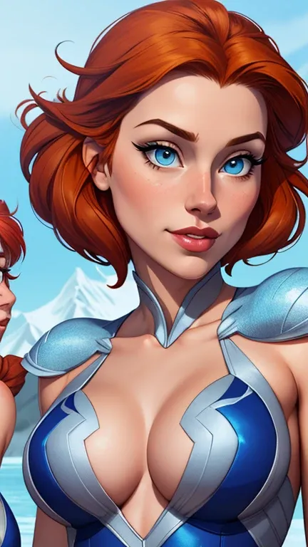 Beautiful portrait mode pose Cartoon character in dynamic pose two women together redhead Queen Anna of Arendelle redhead with 1,60cm on the left and together with a symmetrical body and beautiful breasts, corpo bem definido, delicado e sensual, estilo de ...