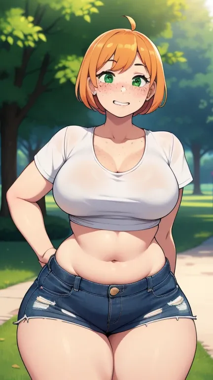 ((a high resolution)), masterpiece, high quality, Best quality, Beautiful, Ideal lighting, detailed face, very cute face, ((1 girl)), ((One), short fluffy orange hair, green eyes, freckles, ((blush)), Nice smile, I look at the viewer, hands behind your bac...