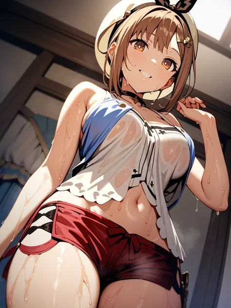 ((solo girl)),((Perfect body,))((Super beautiful,))((High quality,)), (sweaty,) (wet all over,) ,in bedroom,((Perfect body,))((Super beautiful,))((High quality,))breast,collar,nswf,cowboy shot,from below,Smile, 1girl, ((Reisalin Stout,Atelier Ryza,hat,hair...