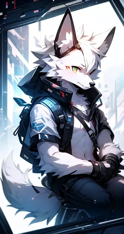 cyber punk perssonage，epcot，Tech style，solo person，White body，White ears，White hair，Overall white，Orange-yellow eyes，Wolf tail，Wolf orcs，Young，Wear a short-sleeved shirt，Ultra-clear screen，Soft lines