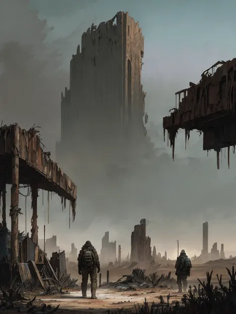 envision a post-apocalyptic scene. the ruins of formerly grand structures pepper the landscape, toward which a lone figure journ...