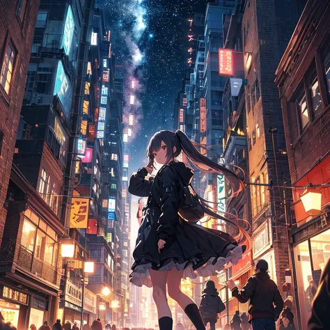 ultra detailed game CG, (High resolution:1.1),(absurderes:1.1), 1girl in, , Solo, Simple Anime, nightcity, Overlooking the night view from a height