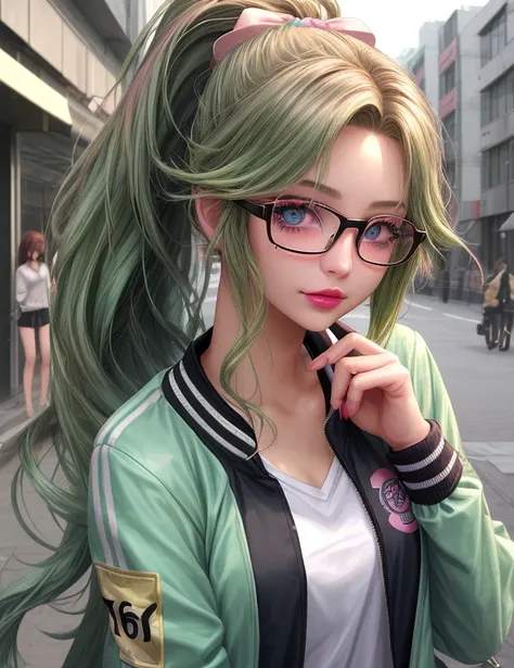 Urban beautiful girl college student, masterpiece, light makeup, pink lips, green hair, messy long hair, street background, beautiful, elegant. super fine details, master works, authentic texture, cinematic lighting realism, perfect job, 16K, hd, exquisite...