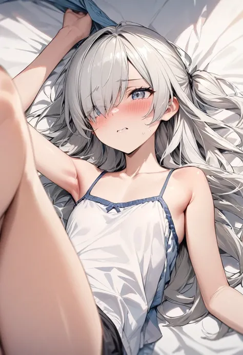 ((highest quality)), ((masterpiece)), (detailed), Perfect Face，Perfect Anatomy，Long Hair，Hair on one eye，Half Up，14 years old，，Silver Hair，，First-person view，She looks at me with a sad blush.，Viewpoint of lying down together，camisole，Ripping clothes violen...