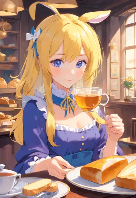 ((Sipping tea and eating bread)) I a girl with blue eyes and yellow hair and wearing a blue dress, a white Rabbit, Purple Grinning Cat, and a Man with a tall hat on his head and  a small mouse in a hand 