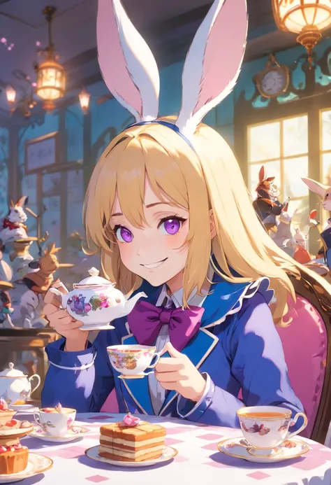 ((Alice in wonderland  Sipping tea at at tea party)) At the table is a white hare wearing a coat and purple zebra stripe ((smiling)) cat