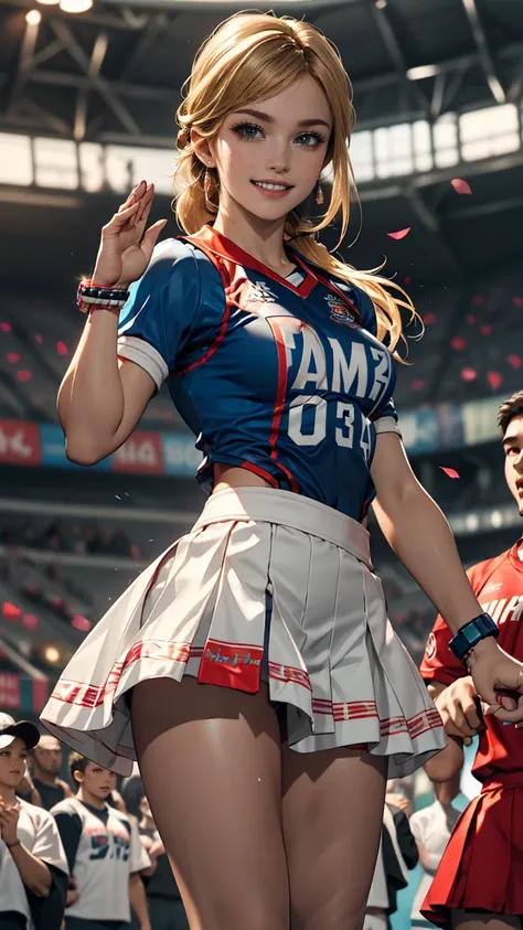 ((最high quality, 8K, masterpiece: 1.3, Ultra HD, high quality, 最high quality, High resolution, realism)) 、A 22-year-old extremely beautiful white woman、Hair color blonde、blue eyeedium Hair、Straight Hair、smile、Slender but well-proportioned body、Athlete-like...