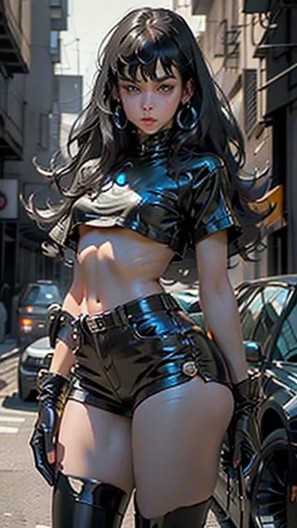 Womans body set thick thighs, short uncensored shorts, thighs, black latex shorts, looking at the viewer, black hair, bangs, bracelet, black gloves, collarbone, long hair, black blouse, blue eyes, black blouse, bright clothes, night scene solo, wide avenue...