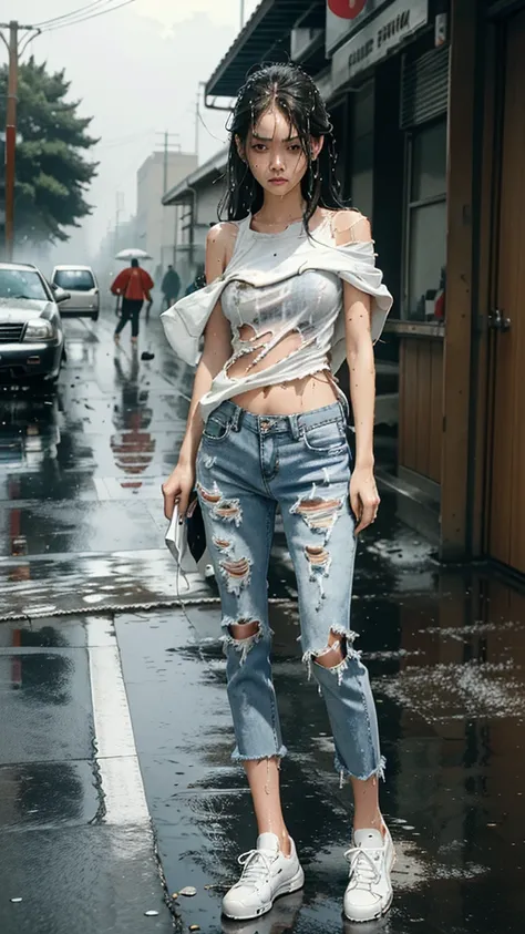 best image quality, masterpiece, super high resolution, (fidelity:1.4), photo, 1 girl, white shirt, torn jeans, white sneakers, dim, darkness, despair, pity, poor, movie, tears, teardrops, (torn clothes:1.5), (wet clothes:1.4), bare shoulders, real rain, w...