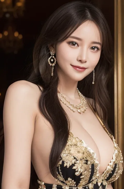 Princess , in castle , detailed hand , high quality, super quality, detailed face, beautiful woman , golden eyes, long hair , mega breast , gorgeous dress, necklace, earring , full body , sharpe eyebrow , smile , (emphasize body line:1.2)