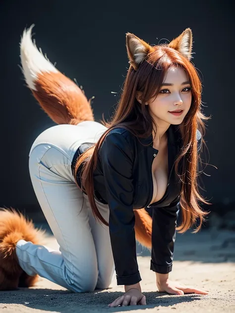 ((highest quality, 32k)), ((masterpiece)), (Familiar), Perfect Face, Fox Girl, Beautiful woman, public, Has a tail, She has a fluffy tail, She has a red fox&#39;s tail., She wags her tail, smile, bell collar, She is wearing a pantsuit, Beautiful Hips, Big ...