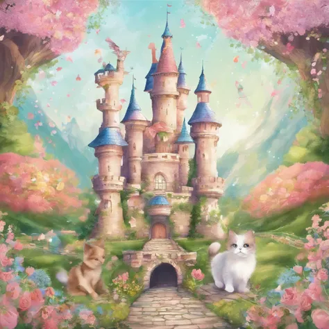 Castle、A garden full of blooming flowers、Kawaii Cat