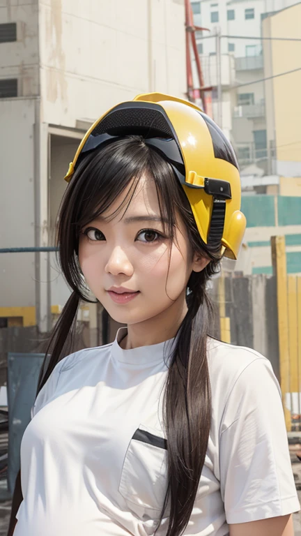 on construction site，Pregnant 30-year-old Taiwanese woman wearing yellow helmet，Half-length photo，pregnant belly