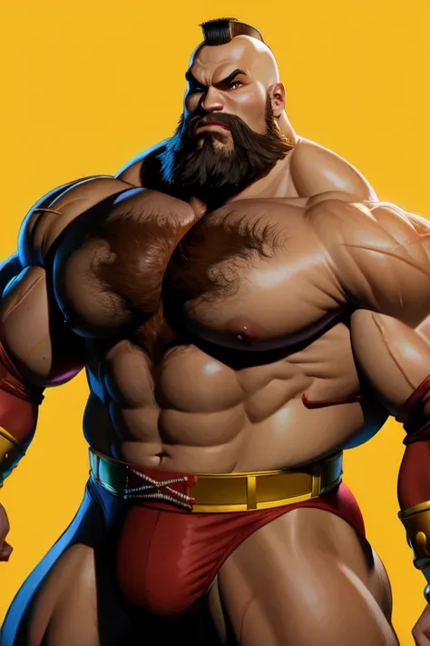 zangief, muscle wrestler,mohawk hair,muscle wrestler,Red tight briefs,yellow belt,black hair,lush chest hair