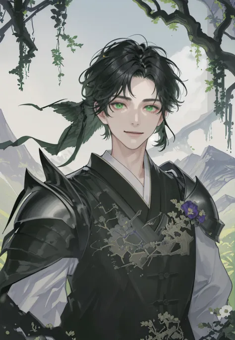 ((Masterpiece: 1.2, best quality)), ((2 men)), nice middle, muscular, valiant, strong, black knight, short black hair, green eyes, uniform, black kimono, scar on right eye, black armor, fantasy, forest, blooming flowers, sunlight, fantastic light and shado...