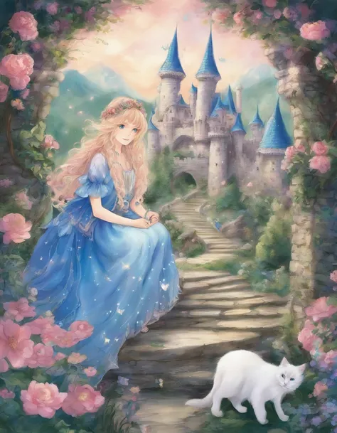 Castle garden、flowers bloom profusely、Long hair、blue eyes、Kawaii Cat