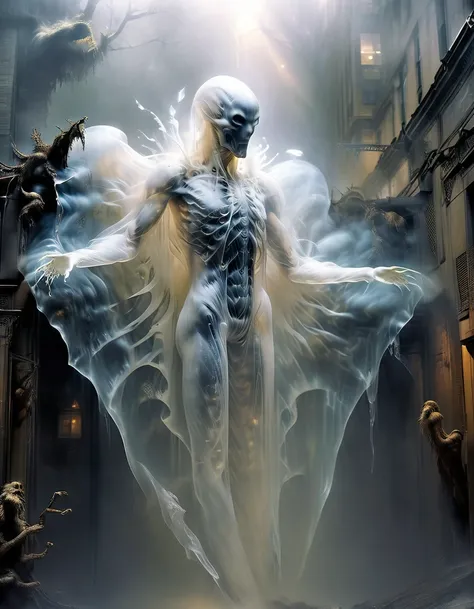 look up, Giant creatures/Giant creaturess, Giant creatures (Giant transparent alien creature), This creature is tall, Put on a hood, And a sturdy body covered with a lot of white and black mist, thick FOG, Biochemical Mutation Nucleus, weird, bioluminescen...