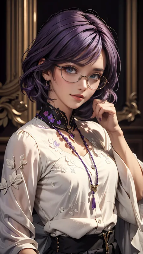 one girl, mature woman, masterpiece, spouse, goddess,short hair ,((purple hair)),glasses